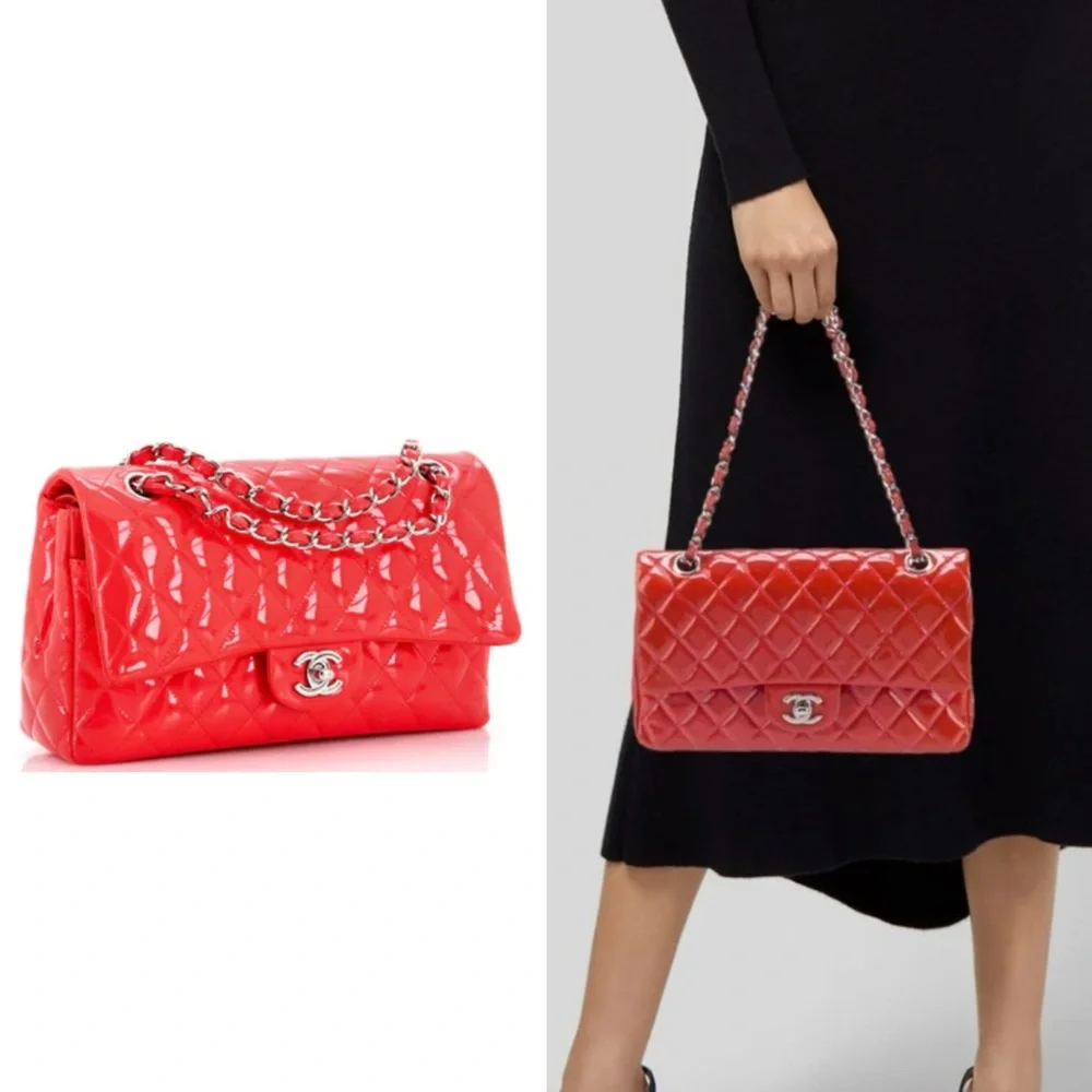 Authentic Chanel Red Patent Leather Medium Classic Double Flap Bag with card